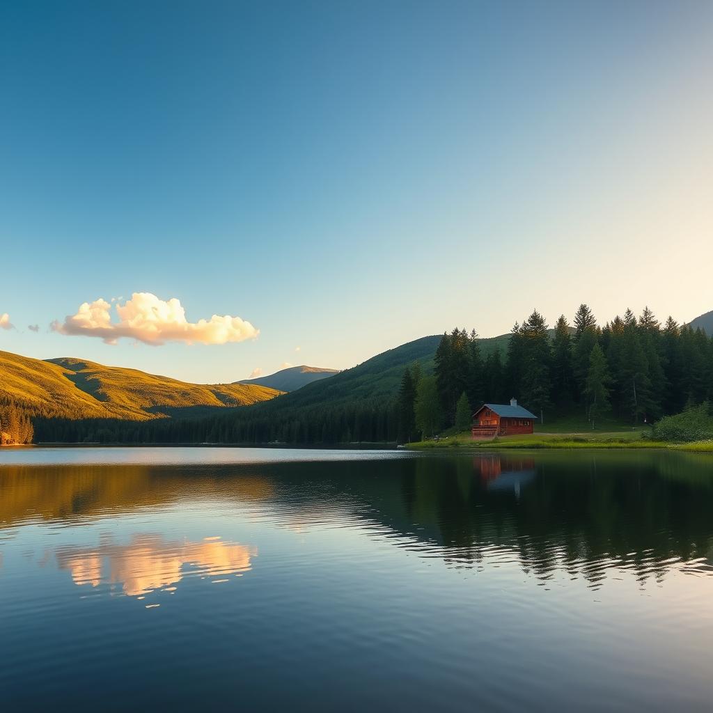 A serene landscape featuring a tranquil lake in the foreground, reflecting the surrounding lush green hills and a clear blue sky dotted with a few fluffy white clouds