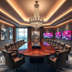 A luxurious and modern meeting room, featuring a large oval table made of polished dark wood surrounded by elegant leather chairs