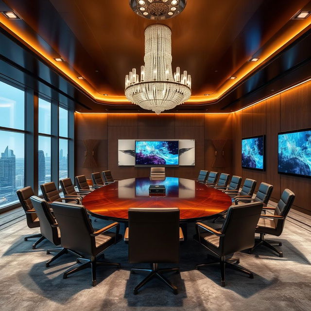 A luxurious and modern meeting room, featuring a large oval table made of polished dark wood surrounded by elegant leather chairs