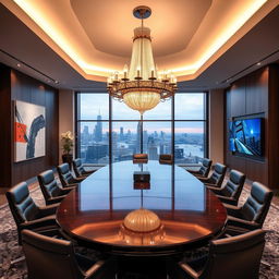 A luxurious and modern meeting room, featuring a large oval table made of polished dark wood surrounded by elegant leather chairs