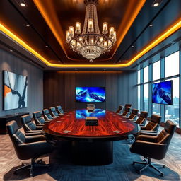 A luxurious and modern meeting room, featuring a large oval table made of polished dark wood surrounded by elegant leather chairs