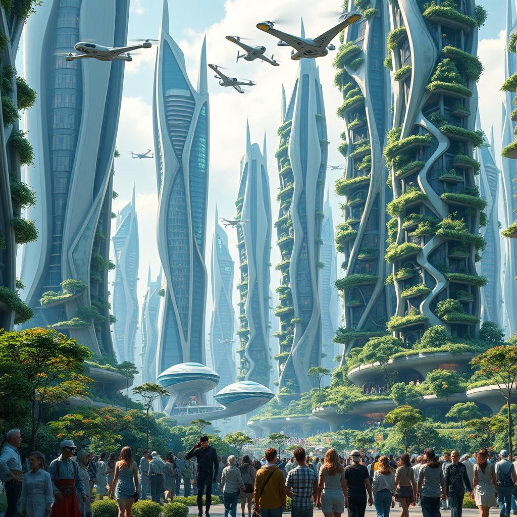 A futuristic cityscape of the year 5000, showcasing towering skyscrapers with innovative, organic designs, heavily interwoven with nature