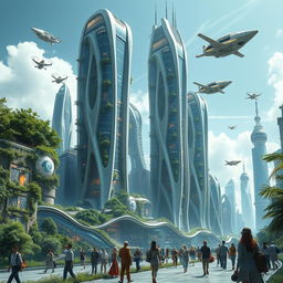 A futuristic cityscape of the year 5000, showcasing towering skyscrapers with innovative, organic designs, heavily interwoven with nature