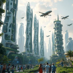 A futuristic cityscape of the year 5000, showcasing towering skyscrapers with innovative, organic designs, heavily interwoven with nature