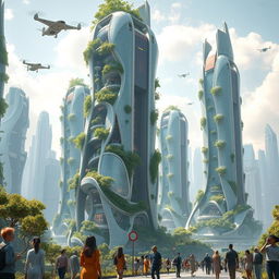 A futuristic cityscape of the year 5000, showcasing towering skyscrapers with innovative, organic designs, heavily interwoven with nature