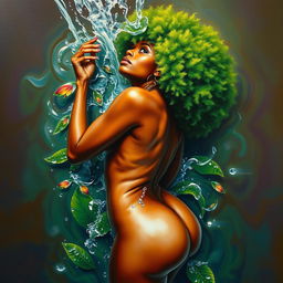 A polished, oil-based painting depicting a full nude body aerial view of a gorgeous black woman with a bright green tree afro, beautiful breasts, and a big booty in a sensual, up-close pose