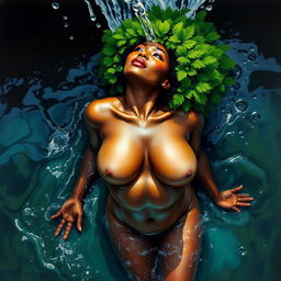 A polished, oil-based painting depicting a full nude body aerial view of a gorgeous black woman with a bright green tree afro, beautiful breasts, and a big booty in a sensual, up-close pose