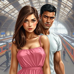 A realistic painting-style cover for a women's romance novel featuring a young woman with brown hair, expressive eyes, wearing a pink dress with spaghetti straps