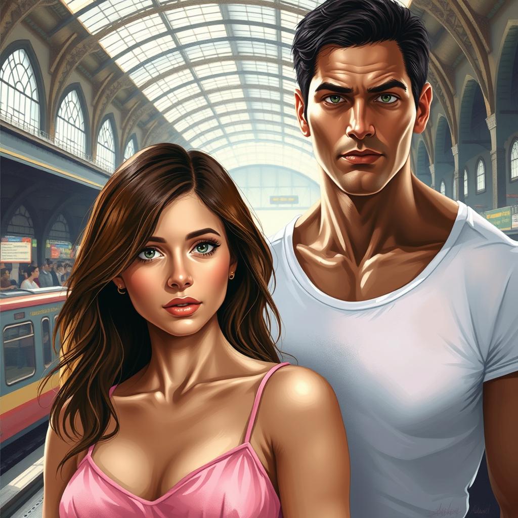 A realistic painting-style cover for a women's romance novel featuring a young woman with brown hair, expressive eyes, wearing a pink dress with spaghetti straps