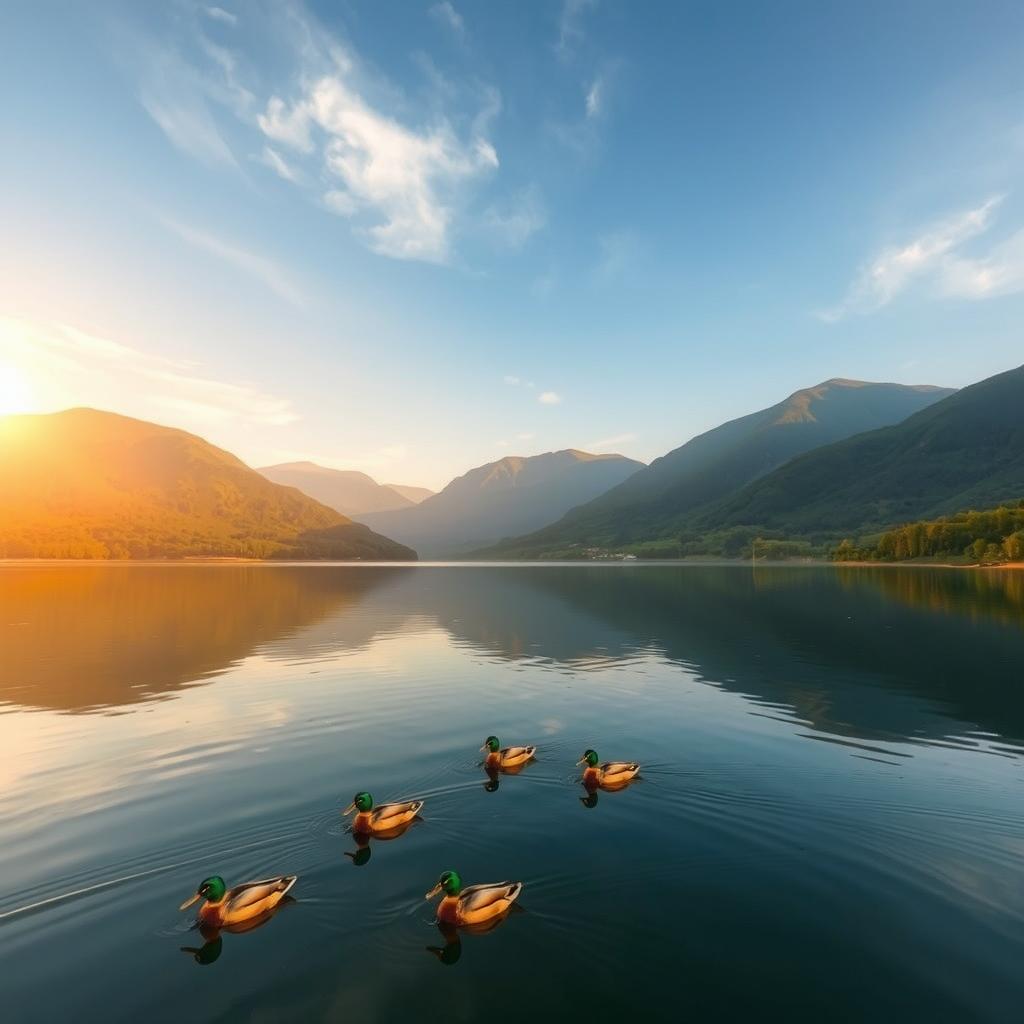 A picturesque landscape featuring a serene lake surrounded by lush green hills and a clear blue sky