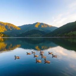 A picturesque landscape featuring a serene lake surrounded by lush green hills and a clear blue sky