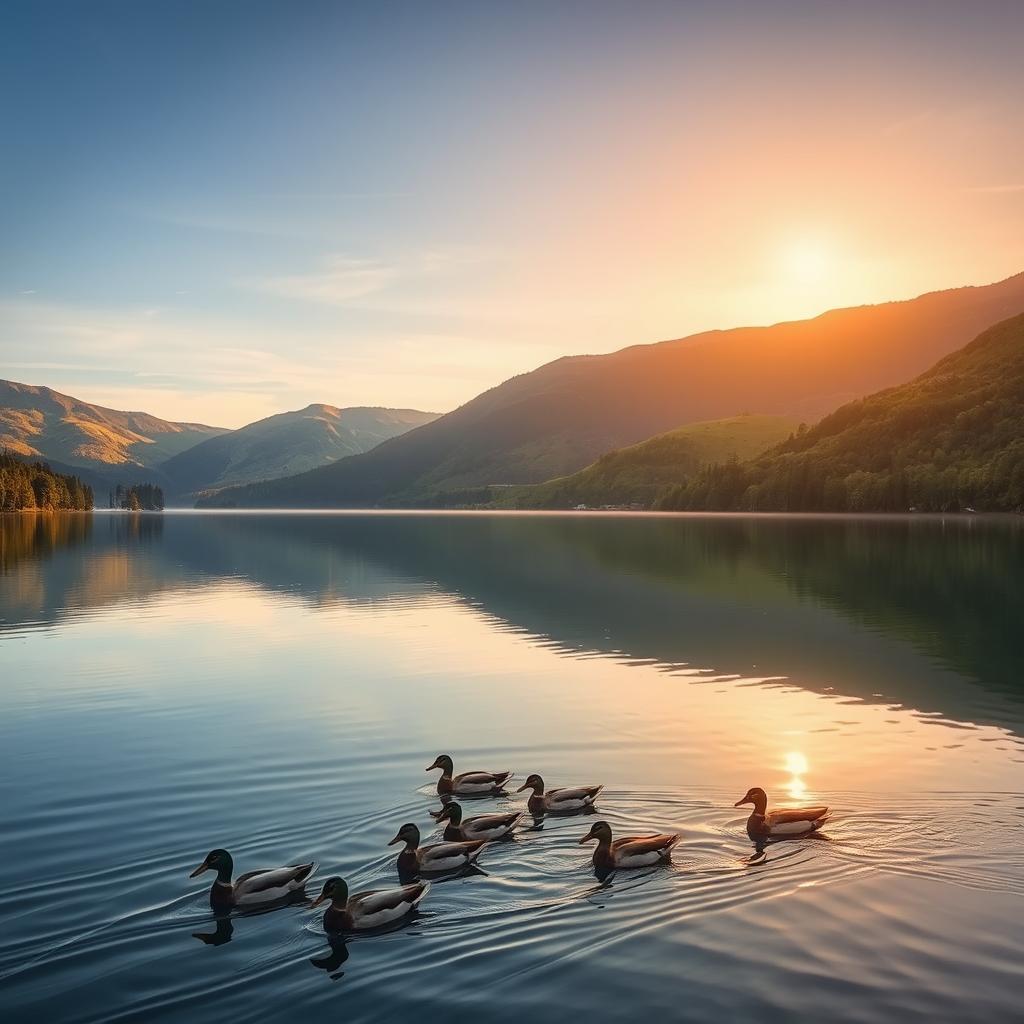 A picturesque landscape featuring a serene lake surrounded by lush green hills and a clear blue sky