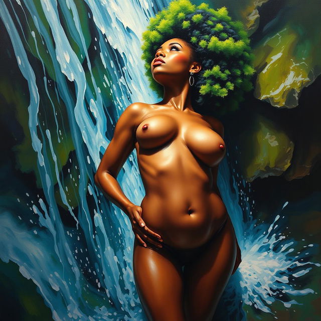 A polished, oil-based painting depicting a full nude body aerial view of a gorgeous black woman with a bright green tree afro, beautiful breasts, and a big booty in a sensual pose, looking up as a waterfall pours over her