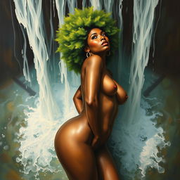 A polished, oil-based painting depicting a full nude body aerial view of a gorgeous black woman with a bright green tree afro, beautiful breasts, and a big booty in a sensual pose, looking up as a waterfall pours over her