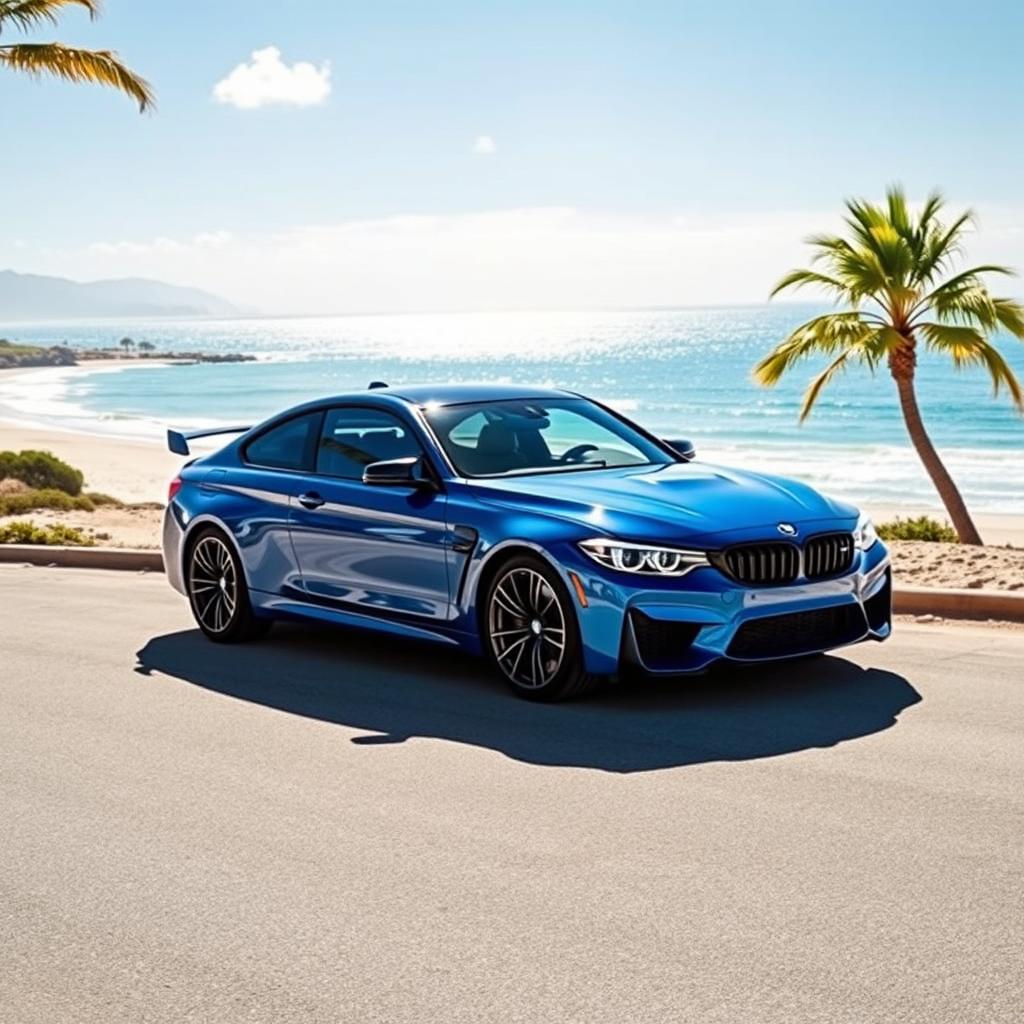 A stunning Laguna Seca Blue BMW M3 parked in a picturesque coastal setting