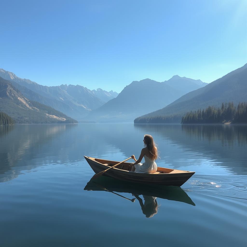 A serene lake surrounded by majestic mountains under a clear blue sky, reflecting the mountains on its still surface