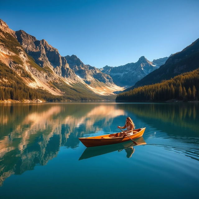 A serene lake surrounded by majestic mountains under a clear blue sky, reflecting the mountains on its still surface