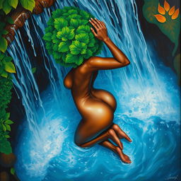 A polished, oil-based painting depicting a full nude body aerial view of a gorgeous black woman with a bright green tree afro, beautiful breasts, and a big booty in a sensual pose, looking up as a waterfall pours over her