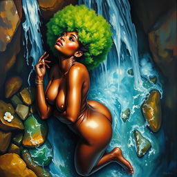 A polished, oil-based painting depicting a full nude body aerial view of a gorgeous black woman with a bright green tree afro, beautiful breasts, and a big booty in a sensual pose, looking up as a waterfall pours over her