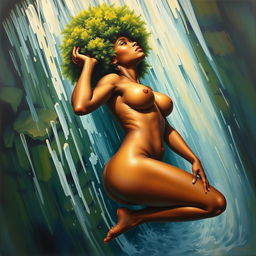 A polished, oil-based painting depicting a full nude body aerial view of a gorgeous black woman with a bright green tree afro, beautiful breasts, and a big booty in a sensual pose, looking up as a waterfall pours over her