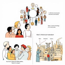 A conceptual illustration for collective consciousness by Durkheim, showcasing a group of diverse individuals symbolically interconnected through shared cultural and societal values