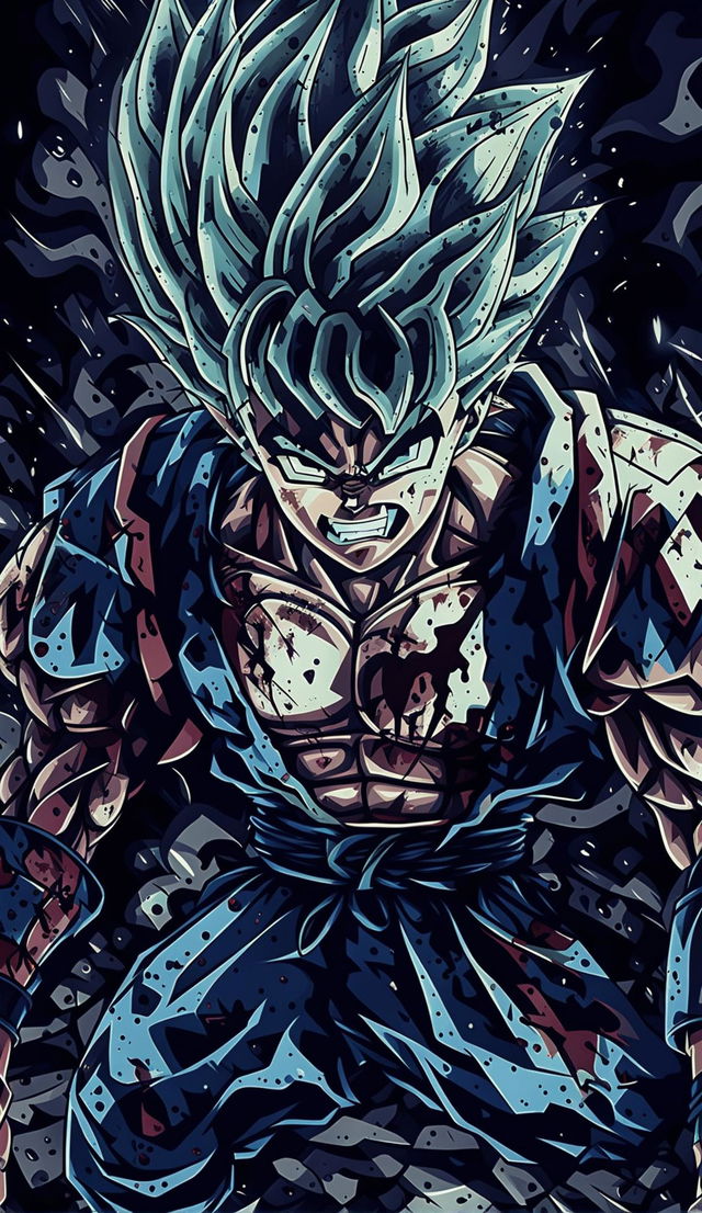 Anime-style artwork of Vegeta from Dragon Ball Z in battle-worn armor stained with vivid splashes of blood.