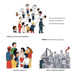 A conceptual illustration for collective consciousness by Durkheim, showcasing a group of diverse individuals symbolically interconnected through shared cultural and societal values