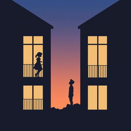 Two buildings in silhouette with balconies facing each other