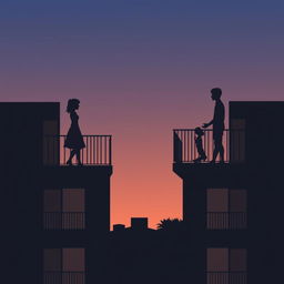 Two buildings in silhouette with balconies facing each other