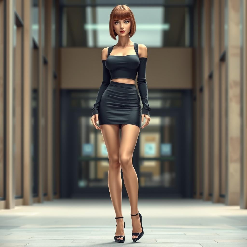 A realistic full-body image of a slender girl with a stylish fringe haircut, large breasts, toned legs, wearing a tight miniskirt and a snug small top, paired with high heels