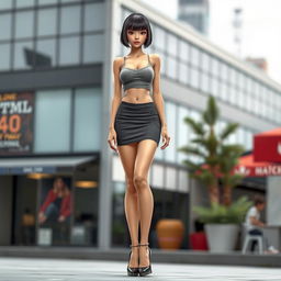 A realistic full-body image of a slender girl with a stylish fringe haircut, large breasts, toned legs, wearing a tight miniskirt and a snug small top, paired with high heels