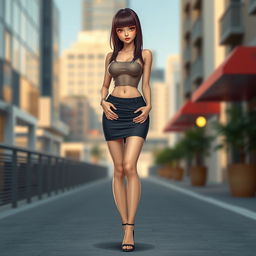 A realistic full-body image of a slender girl with a stylish fringe haircut, large breasts, toned legs, wearing a tight miniskirt and a snug small top, paired with high heels