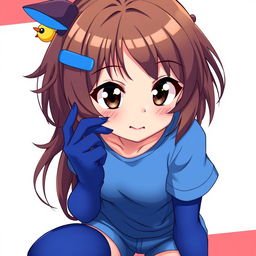 Anime-style illustration of a playful and mischievous girl with dark brown eyes and slightly protruding fangs, adding to her unique appeal