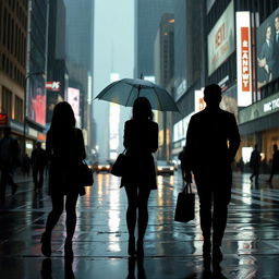 Silhouette of two girls and one man standing in a cityscape while it's raining