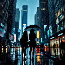 Silhouette of two girls and one man standing in a cityscape while it's raining