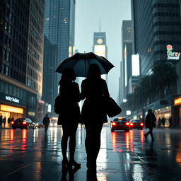 Silhouette of two girls and one man standing in a cityscape while it's raining