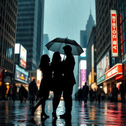 Silhouette of two girls and one man standing in a cityscape while it's raining