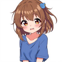 Anime-style illustration of a playful girl with loose brown hair, accented by a cute blue duck hair clip