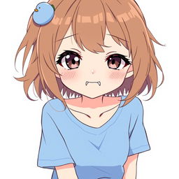 Anime-style illustration of a playful girl with loose brown hair, accented by a cute blue duck hair clip