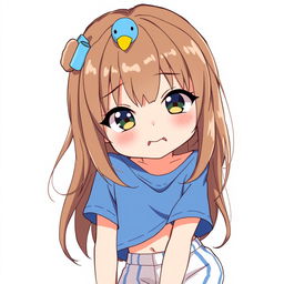 Anime-style illustration of a playful girl with loose brown hair, accented by a cute blue duck hair clip