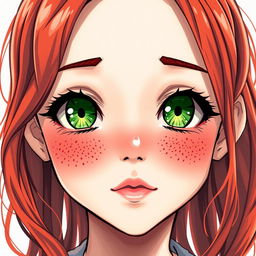 A stunning manga-style girl with enchanting green eyes and red hair