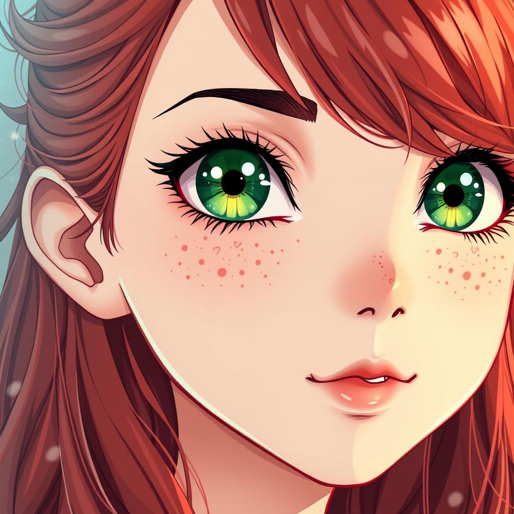 A stunning manga-style girl with enchanting green eyes and red hair