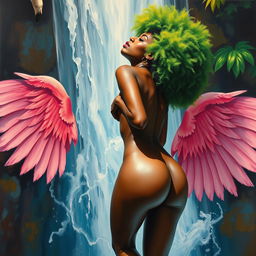 A polished, oil-based painting depicting a full nude body from an aerial view of a gorgeous black woman with a bright green tree afro and pink flamingo wings