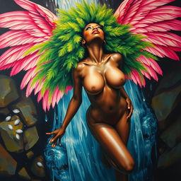 A polished, oil-based painting depicting a full nude body from an aerial view of a gorgeous black woman with a bright green tree afro and pink flamingo wings