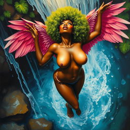 A polished, oil-based painting depicting a full nude body from an aerial view of a gorgeous black woman with a bright green tree afro and pink flamingo wings