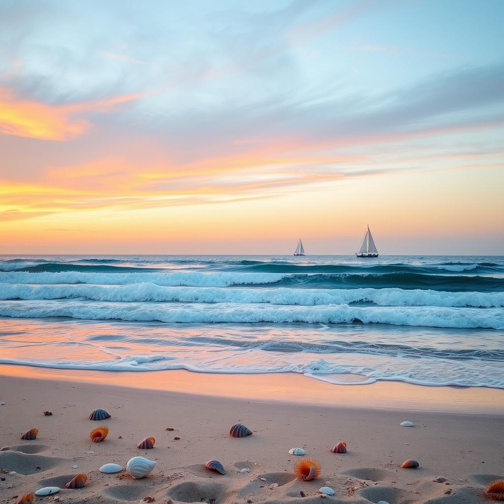 A serene coastal landscape during sunrise, featuring the gentle waves of the ocean and a vibrant sky painted in hues of orange and pink