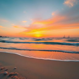 A serene coastal landscape during sunrise, featuring the gentle waves of the ocean and a vibrant sky painted in hues of orange and pink