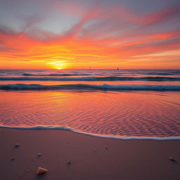 A serene coastal landscape during sunrise, featuring the gentle waves of the ocean and a vibrant sky painted in hues of orange and pink