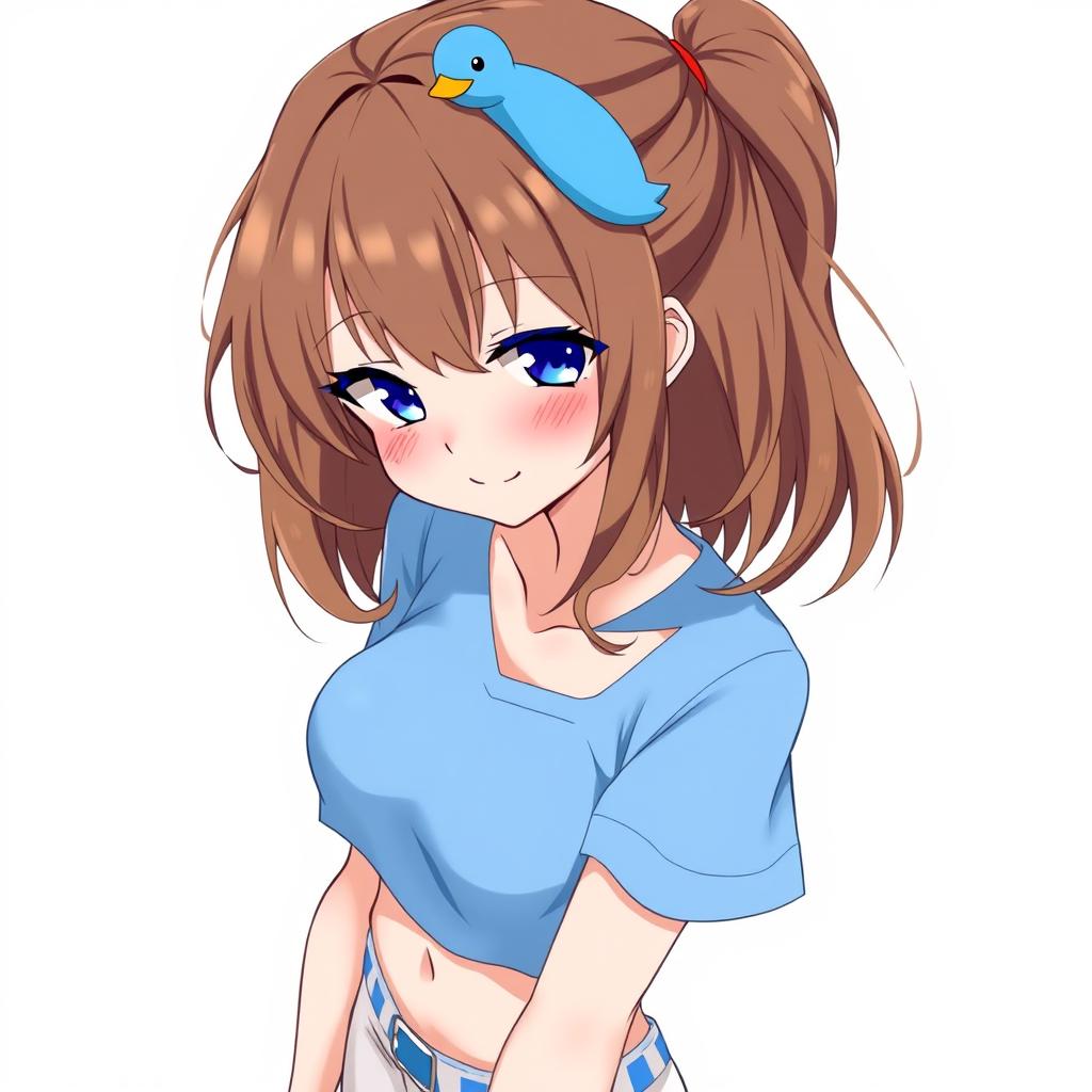 Anime-style illustration of a girl with loose brown hair adorned with a blue duck hair clip, featuring slightly protruding fangs for a playful and seductive edge