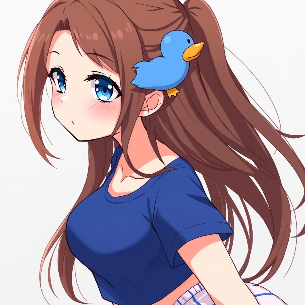 Anime-style illustration of a girl with loose brown hair adorned with a blue duck hair clip, featuring slightly protruding fangs for a playful and seductive edge